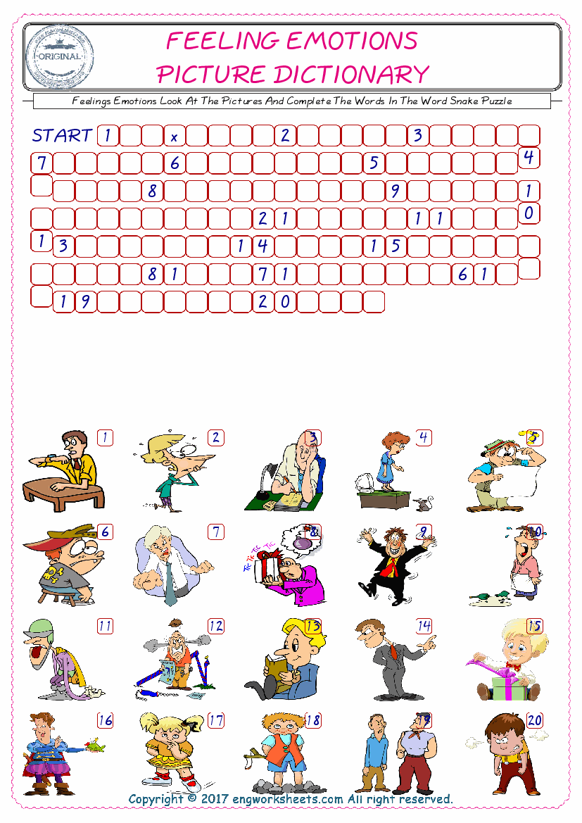  Check the Illustrations of Feelings Emotions english worksheets for kids, and Supply the Missing Words in the Word Snake Puzzle ESL play. 